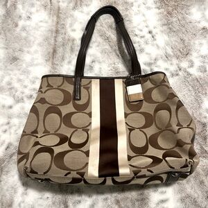 Coach Khaki Signature Canvas Logo Hamptons Stripe Tote Bag